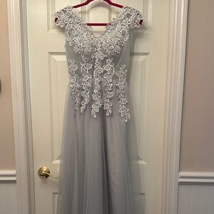 Elegant Lace Overlay Gray Gown